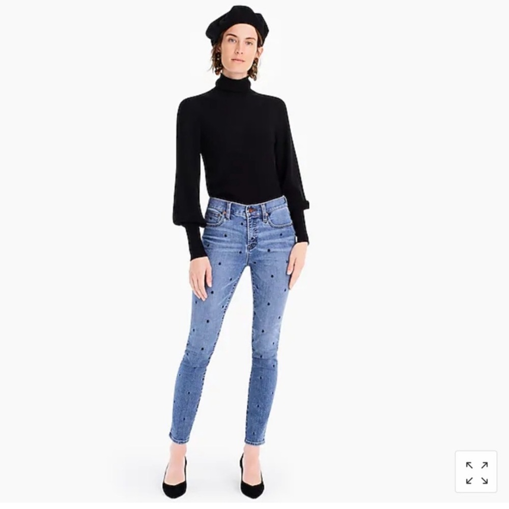 J. Crew • High-Rise Toothpick Jeans in Indigo Embroidered Polka Dots